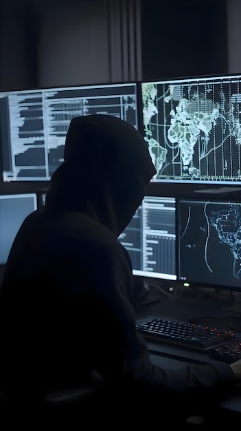 Бесплатное фото Хакер использует компьютер в темной комнате концепция кибератаки темный фон