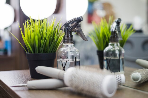 Hair salon tools with plant