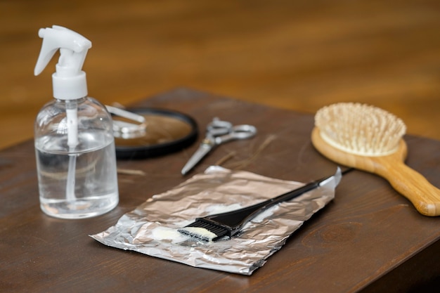 Hairdresser's items on table with brush