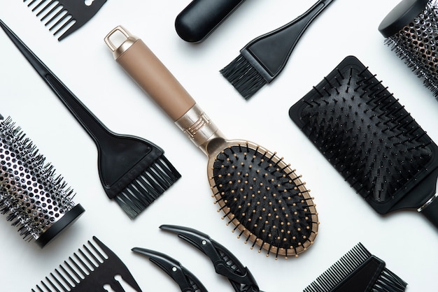 Hairstyle tools arrangement flat lay