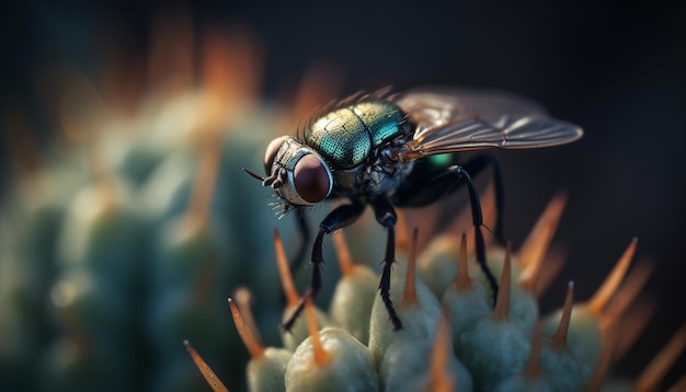 Hairy housefly leg green background selective focus generated by AI