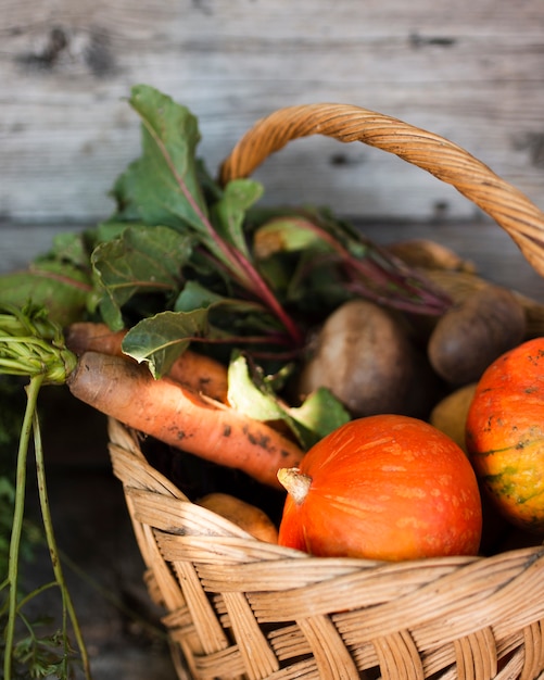 Half of a basket with pumpkins carrots and radishes