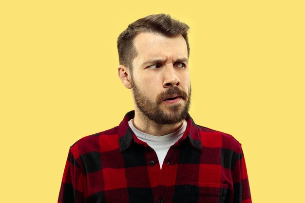 Half-length close up portrait of young man in shirt on yellow