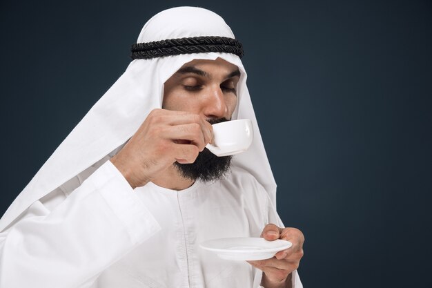 Half-length portrait of arabian saudi businessman on dark blue