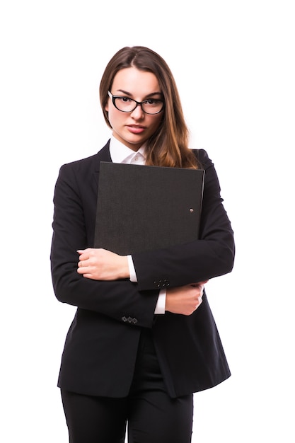 Free photo half-length portrait of business woman handing black folder, isolated on white. concept of leadership and success