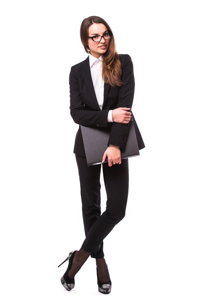 Half-length portrait of business woman handing black folder, isolated on white. Concept of leadership and success