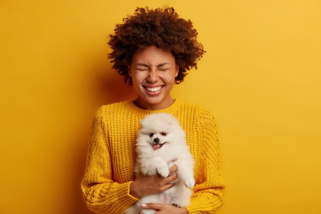긍정적 인 곱슬 여자의 절반 길이 샷은 애정 애완 동물 스피츠 강아지를 보유하고, 니트 스웨터를 입고, 예방 접종을 준비하고, 긍정적으로 웃음, 노란색 배경 위에 절연.