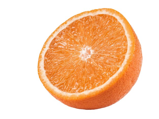 Half of a ripe orange isolated on white background with copy space for text or images. Fruit with juicy flesh. Side view. Close-up shot.
