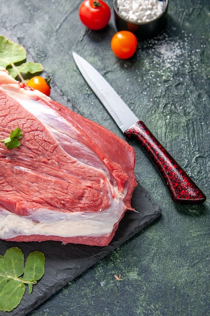 緑黒ミックス色の背景にまな板ナイフトマトの生の新鮮な赤身の肉と緑のハーフショット