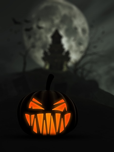 Foto gratuita 3d sfondo di halloween con spaventoso zucca di halloween e il castello sullo sfondo