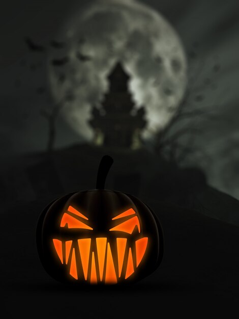 3D Хэллоуин фон с пугающей Джек O фонарь и замок в фоновом режиме