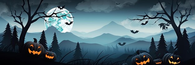 Halloween background with scary pumpkins and bats in a dark forest at night