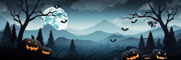 Хэллоуин фон со страшными тыквами и летучими мышами в темном лесу ночью