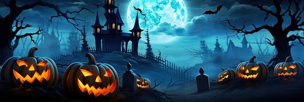 Halloween background with scary pumpkins candles in the graveyard at night with a castle background