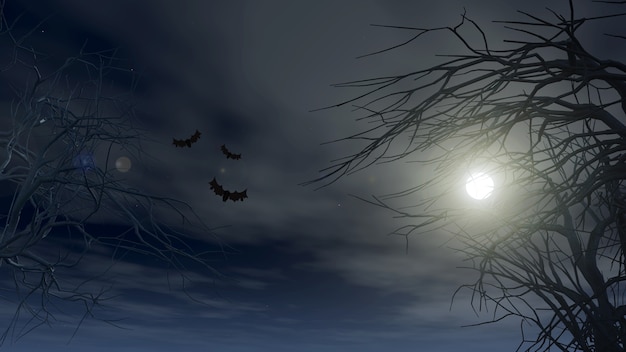 달빛이 비치는 하늘을 배경으로 으스스한 나무가 있는 할로윈 배경
