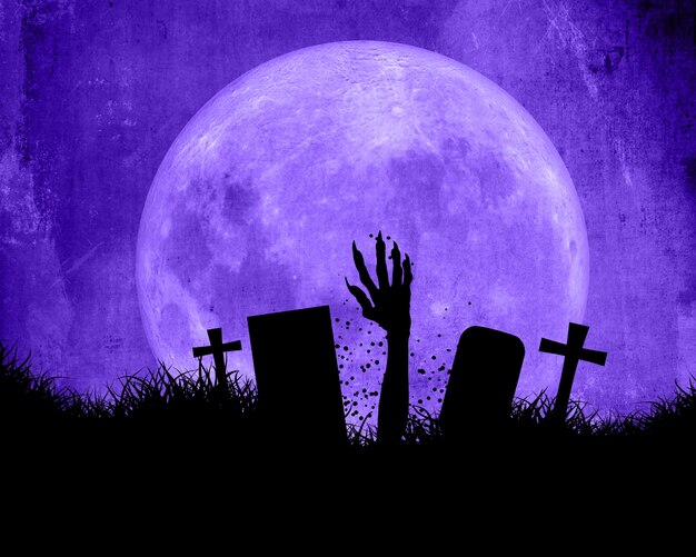 Halloween background with zombie hand bursting out of the ground