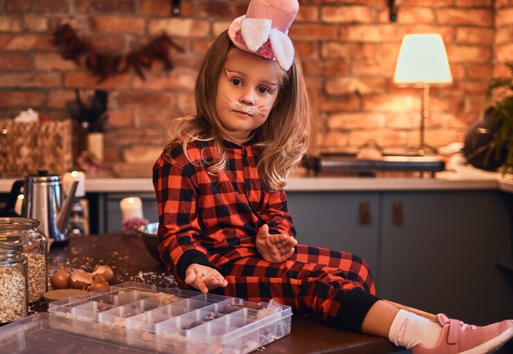 Free Photo halloween concept. cute little girl in rabbit makeup hat and pajamas sitting on the table with scattered food in loft style kitchen at morning.
