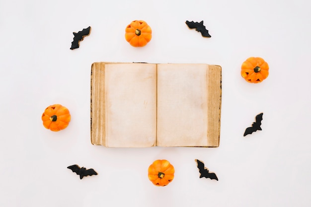 Concetto di halloween con libro, pipistrelli e zucche