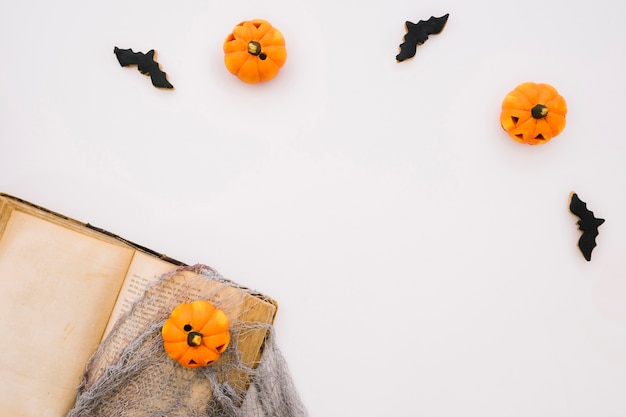 Foto gratuita concetto di halloween con zucche e libro
