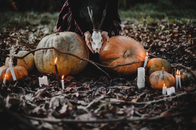 ハロウィーンの装飾女性は座っている魔女のように見えます