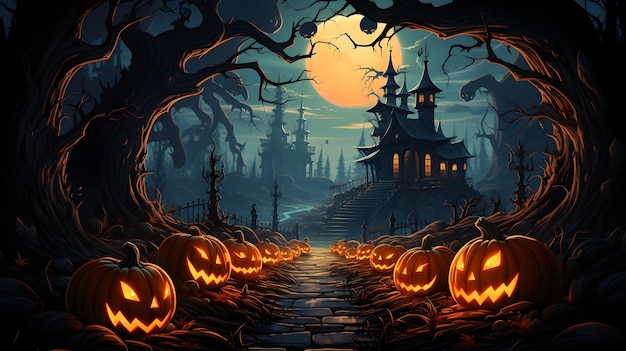 Halloween festival 3d cartoon style with mansion and pumpkin