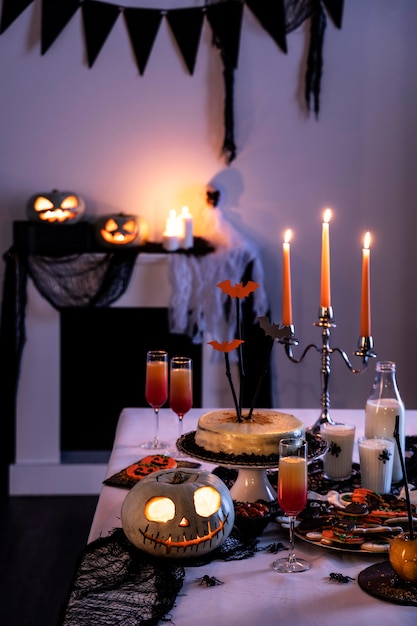 Halloween party preparations on table