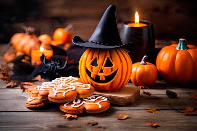 halloween pumpkin cookie on rustic wooden table