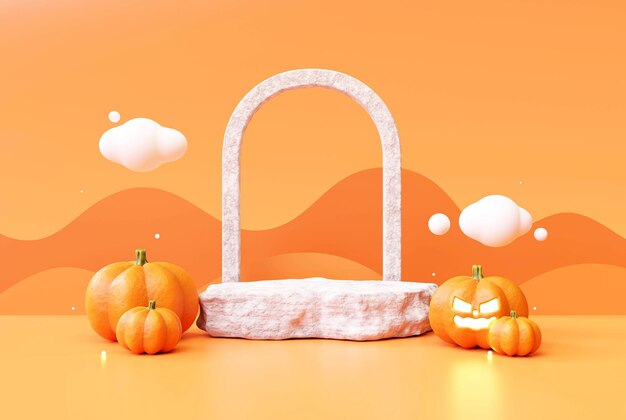 Halloween pumpkin and Stone podium pedestal product display on orange background 3d illustration