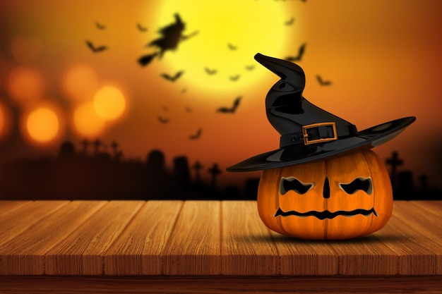 3D визуализации Хэллоуин тыква на деревянный стол с расфокусированный жуткой кладбищенской изображения в фоновом режиме