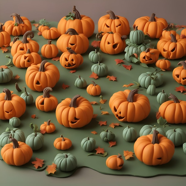 Foto gratuita zucche di halloween e foglie autunnali su sfondo verde rendering 3d