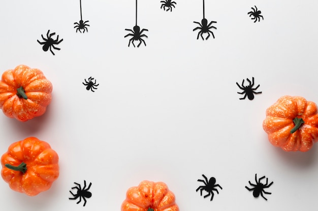 Halloween pumpkins surrounded by spiders