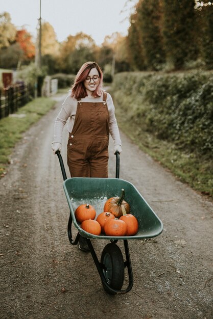 手押し車の暗い秋の気分でハロウィーンのカボチャ