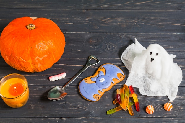 Halloween stuff on wooden desk