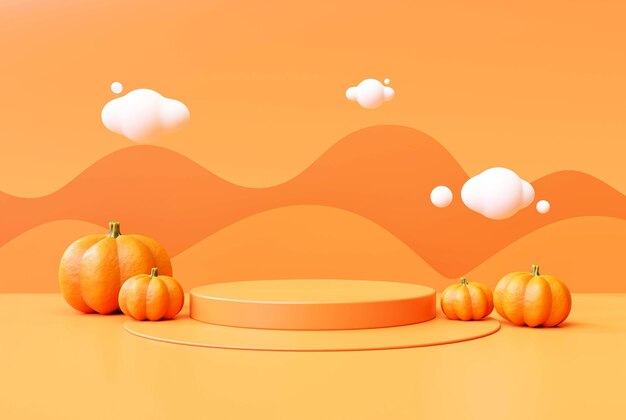 Halloween with pumpkin and empty minimal podium pedestal product display background 3d illustration