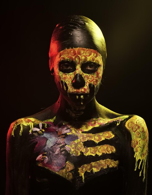 Halloween woman skeleton with flower on chest.
