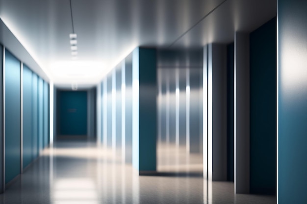 A hallway with a blue light on the ceiling.