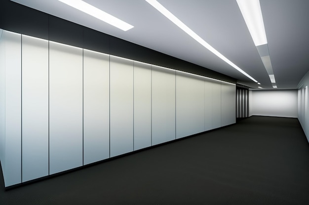 A hallway with white walls and a black floor with white panels.