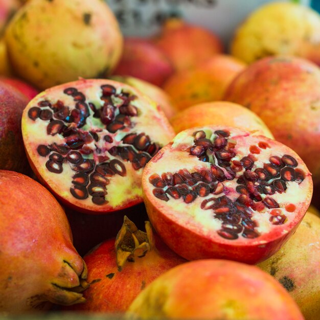 Halved juicy pomegranate fruit