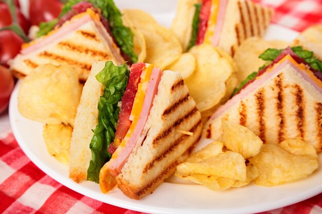 Ham and cheese club sandwich close up