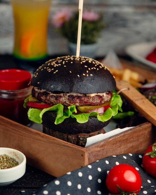 hamburger with black sesame bun