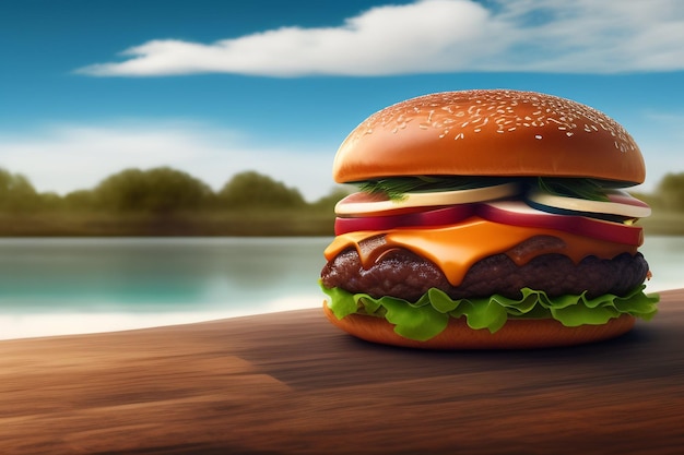 Free photo a hamburger with a blue sky and a lake in the background.