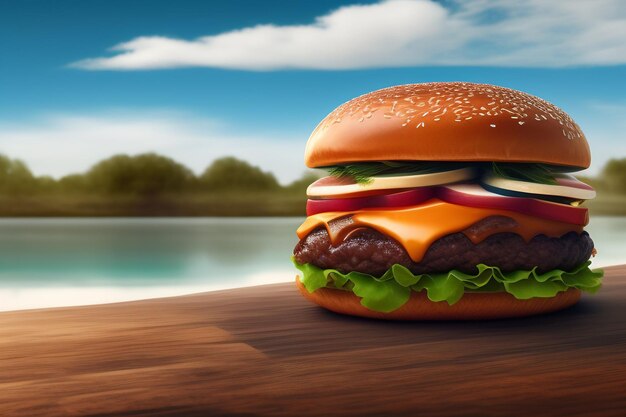 A hamburger with a blue sky and a lake in the background.