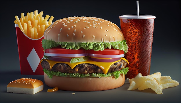 Free photo hamburger with french fries and soda drink generative ai