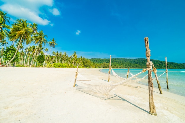 Гамак с красивой природой тропический пляж и море с кокосовой пальмой