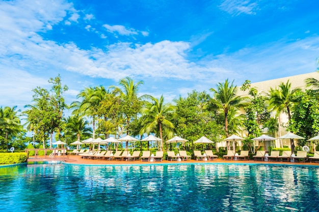 Hammocks arranged in rows in the pool