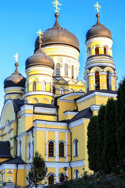 Hancu Monastery and church among greenery in Moldova