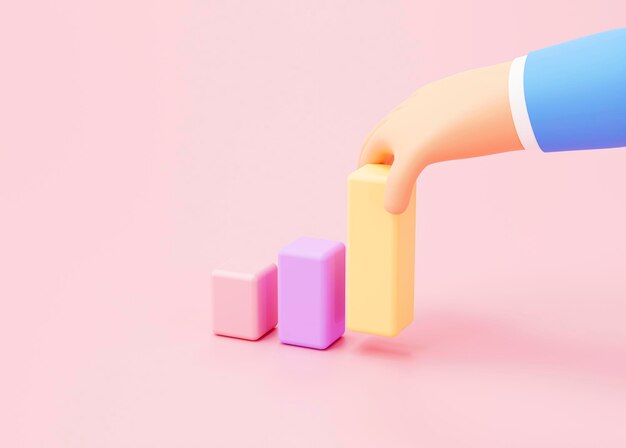 분홍색 배경 3d 렌더링에 성장하는 막대 비즈니스 성장 성공 개념을 손으로 배열