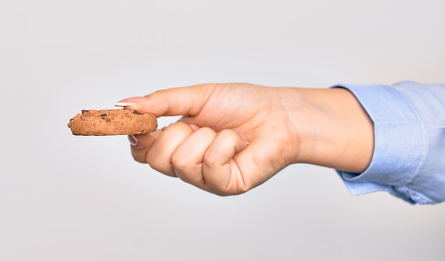 Hand of caucasian young woman holding delicious chocolate cookie over isolated white background
