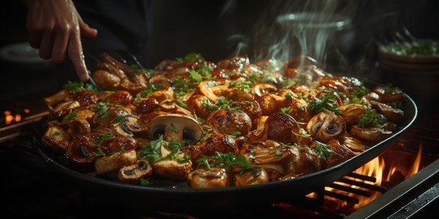 Foto gratuita cucinare a mano i funghi su una pentola