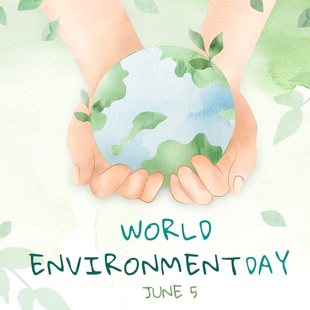 Free photo hand cupping world with world environment day text in watercolor